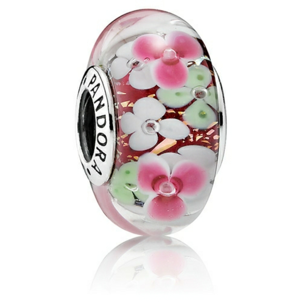 Pandora Silver Pink Flower Garden Murano Glass Spacer Charm Deadstock